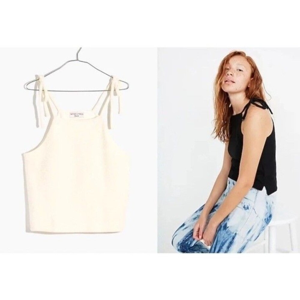 Madewell Texture & Thread Tie-Shoulder Tank Top XXS Antique White Ribbed Cotton